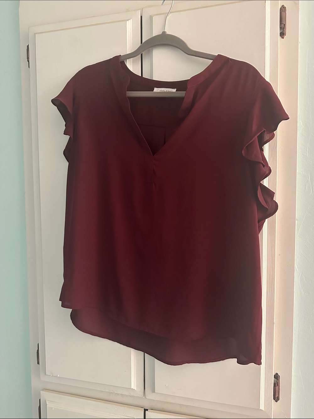 Calvin Klein Burgundy Ruffle Sleeve V-Neck Blouse